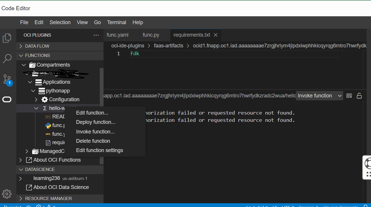 Authorization error in VSCode of code editor when invoking OCI function ...
