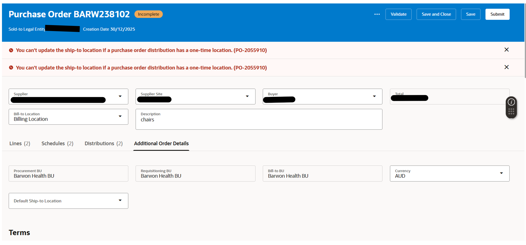 Redwood update one-time location on Purchase Order — Cloud Customer Connect