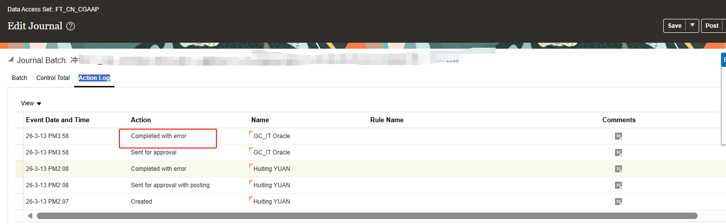 Fusion Log Example Oracle Fusion when journal submit Action Log Completed with error ...