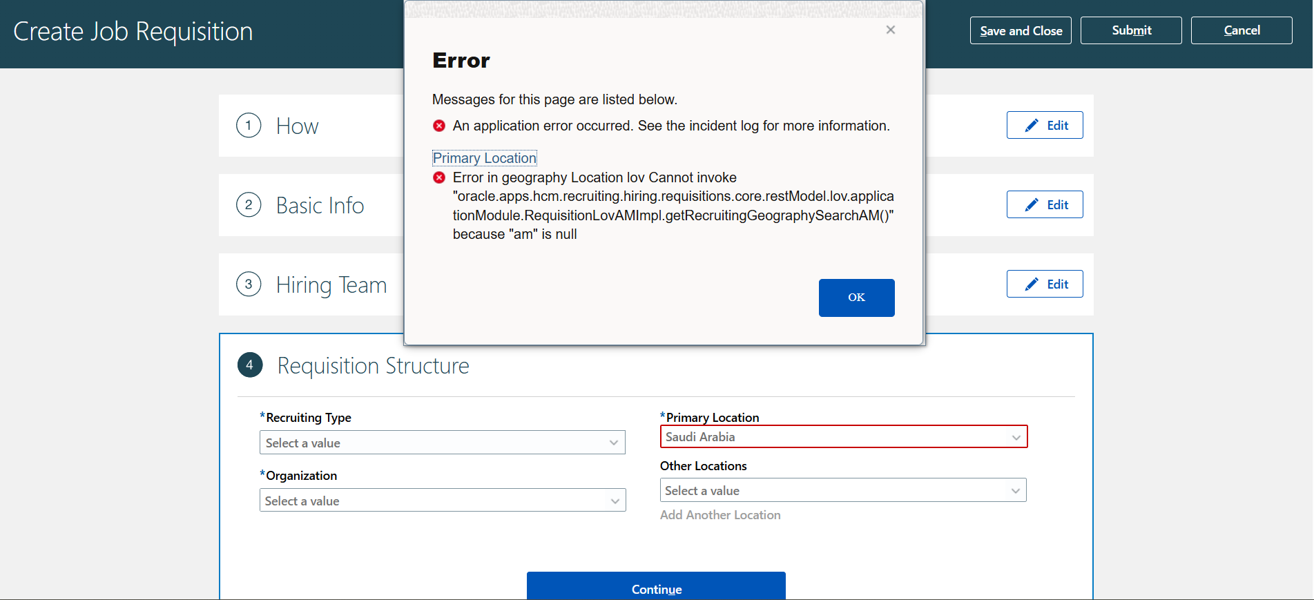 Error while adding primary location to job requisition — Cloud Customer ...