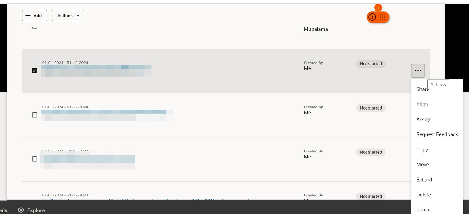 Performance Goal actions not showing in the Action Button — Cloud ...