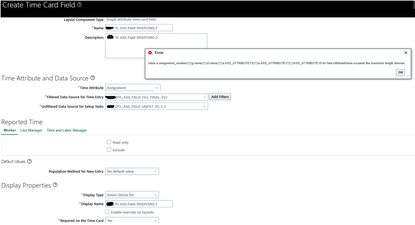 Getting ERROR while creating single attribute timecard field — Cloud ...
