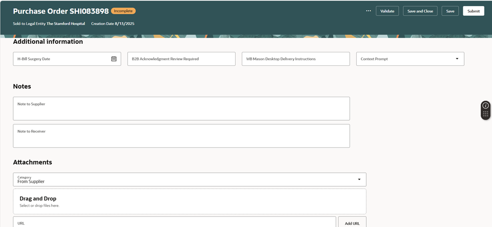 Where is the note to buyer field in Purchase Order screen — Cloud ...