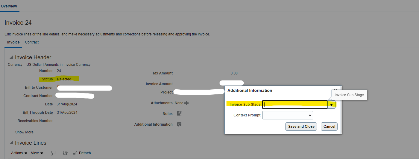 Required the Invoice Sub Stage field if the Invoice status is Rejected