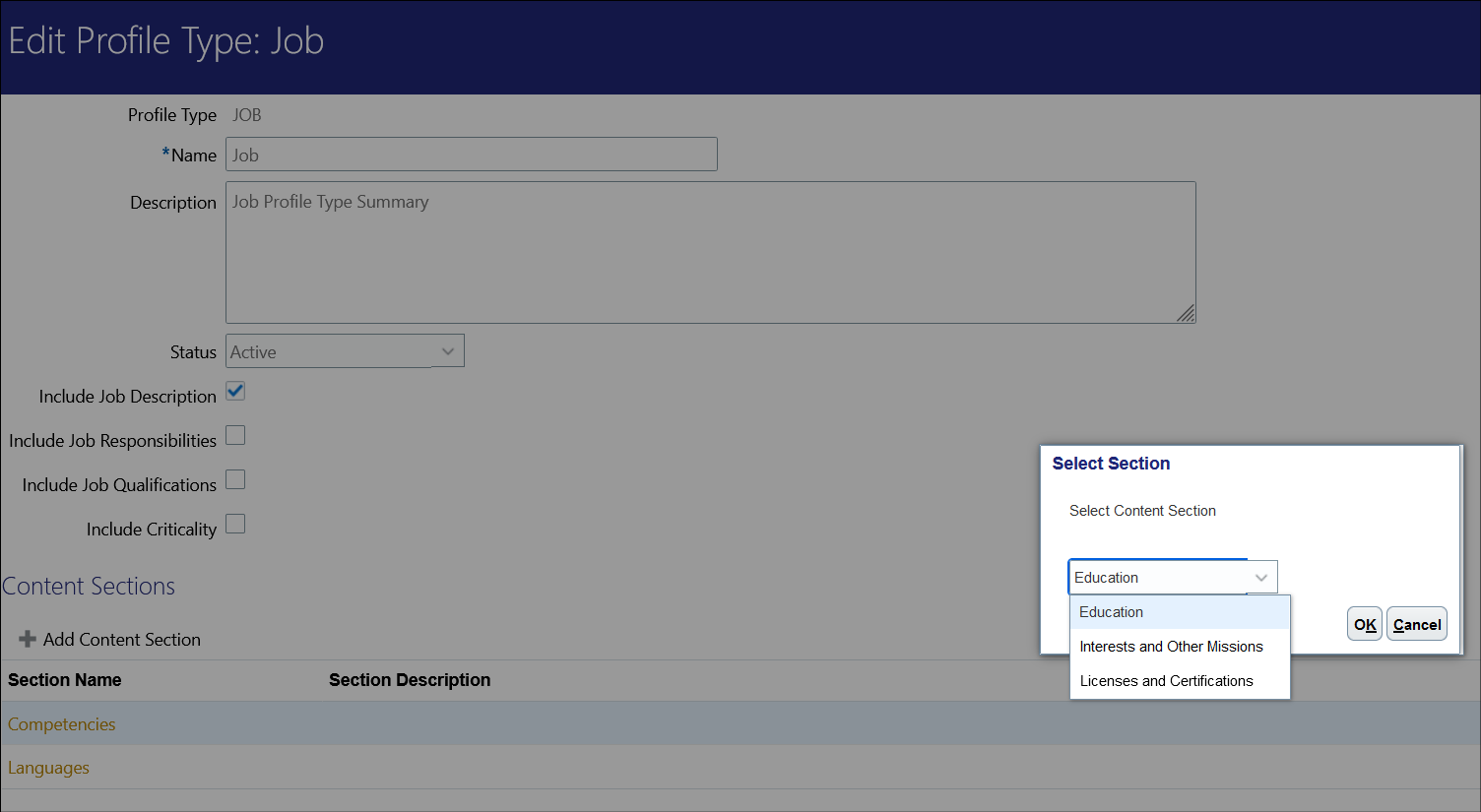 Cannot add "Work Requirements" content section in Profile Type > Job ...
