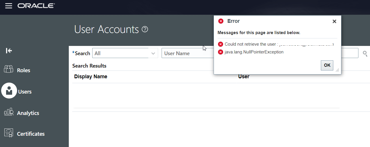 why did i get an error Could not retrieve the user : ******** — Cloud Customer Connect