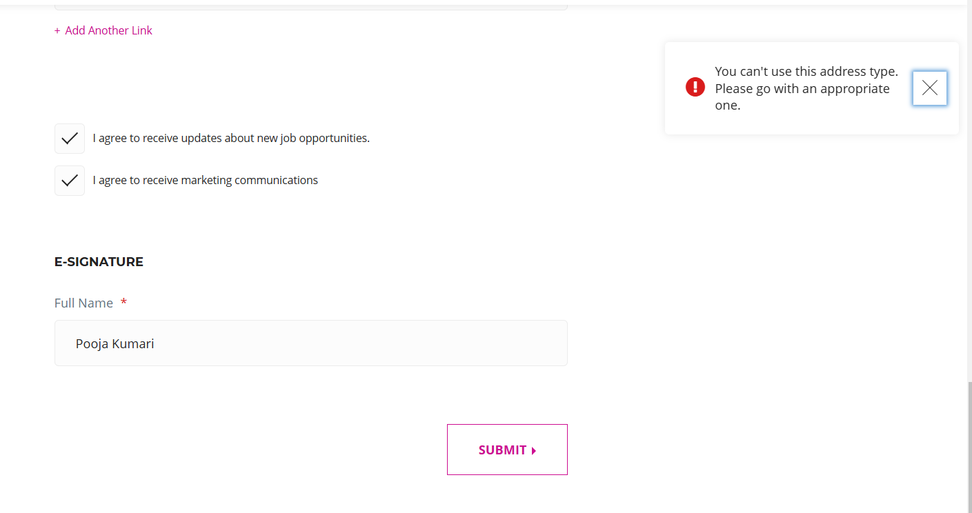 Error while submitting job Application - You can't use this address ...