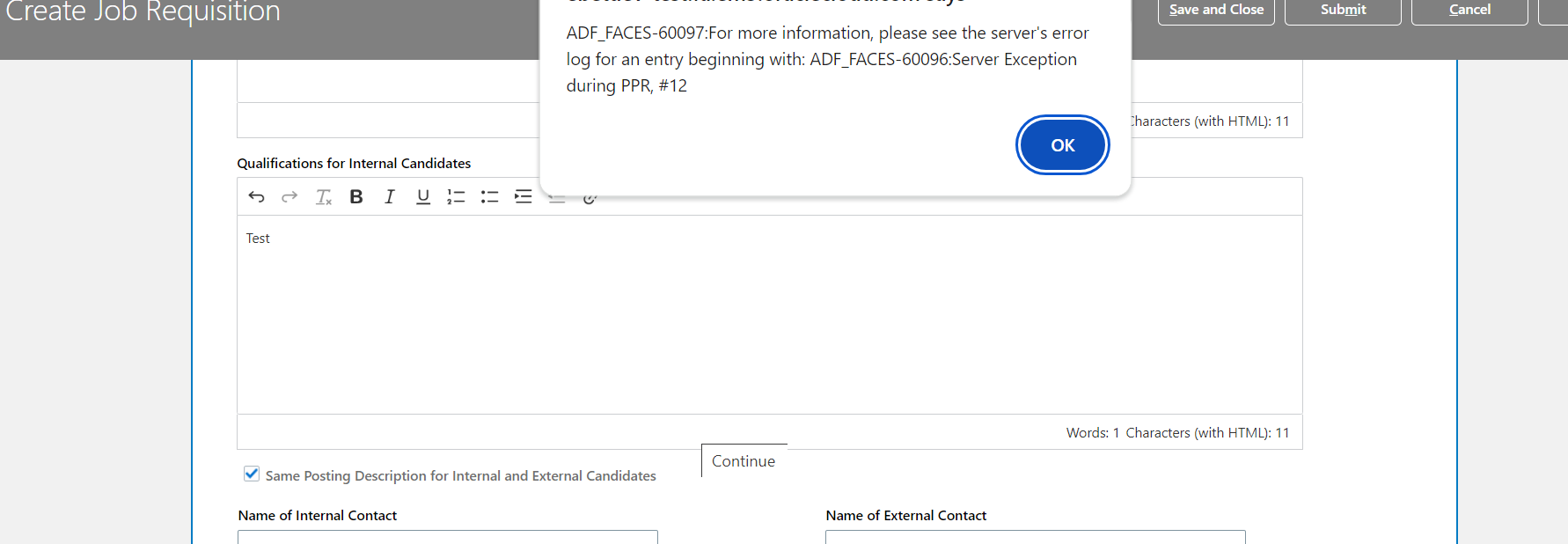 Facing issue at posting description while creating job requisition ...