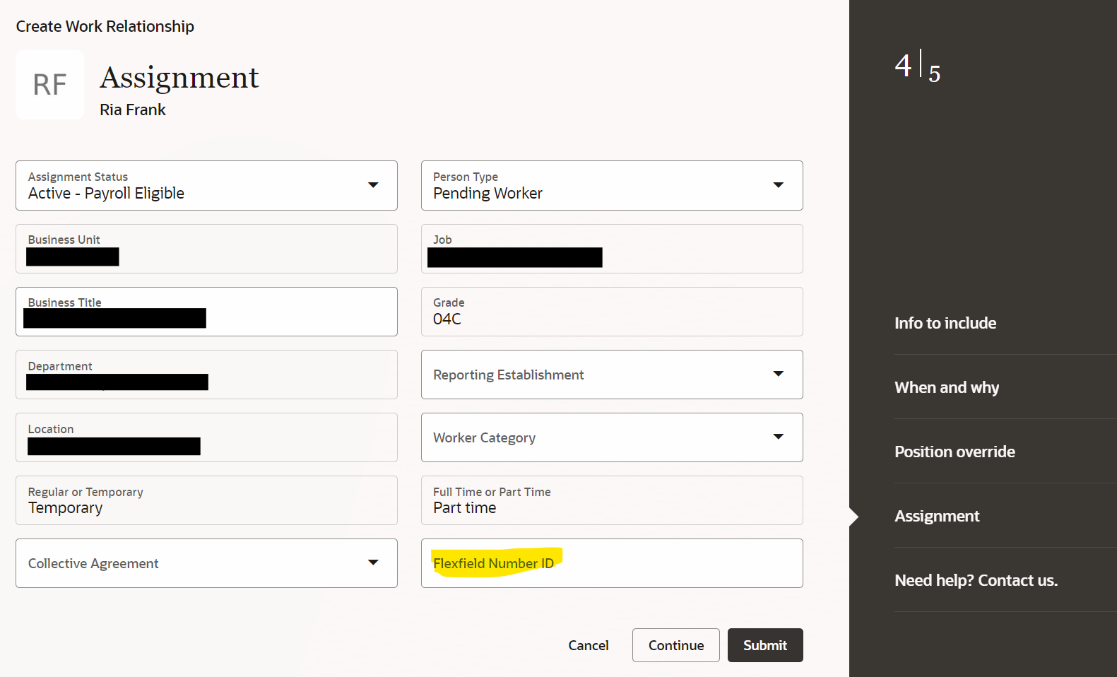 DFFs on Create Work Relationship Redwood Page — Cloud Customer Connect