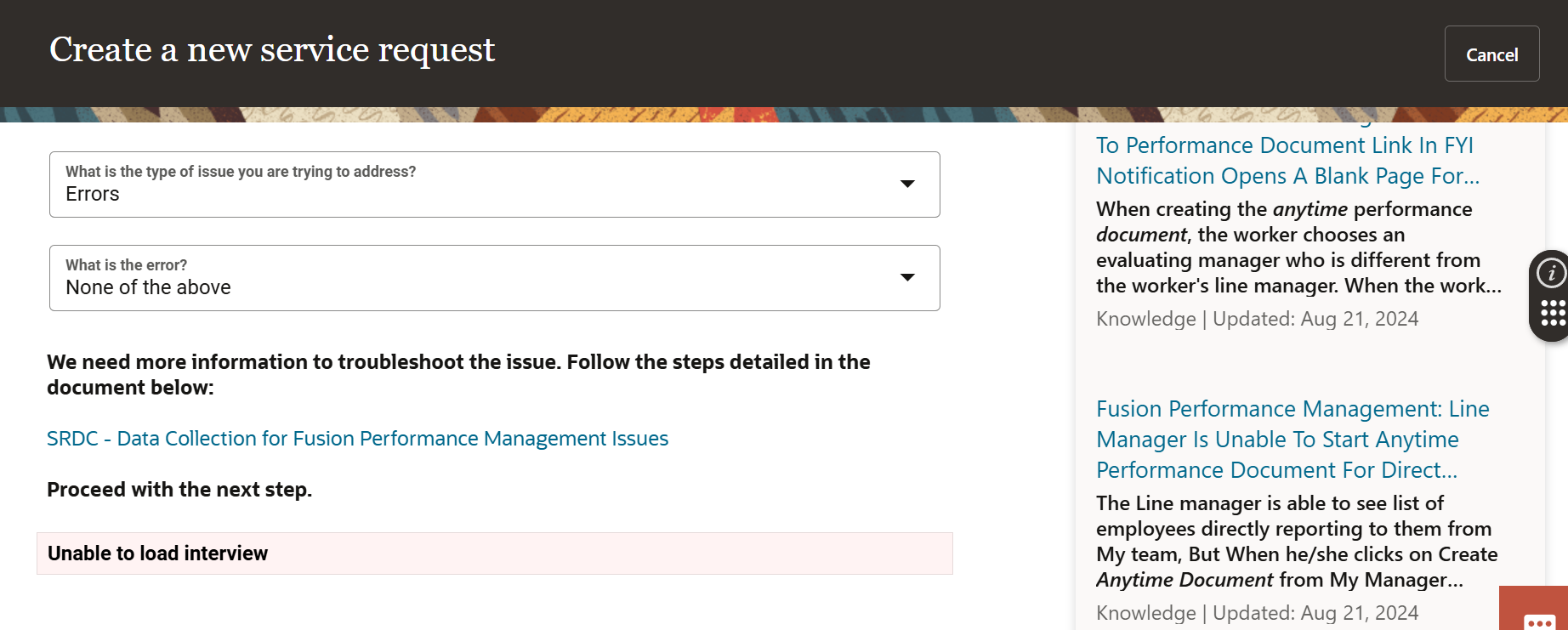 Unable to Submit SR in New UI of Oracle Support — Cloud Customer Connect