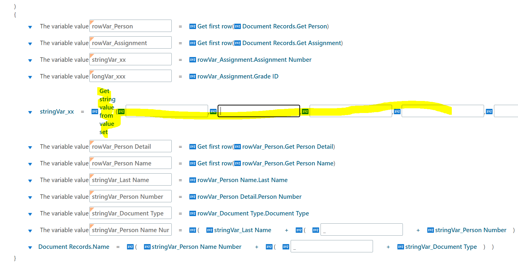 I need an example of using the global function "Get string value from ...