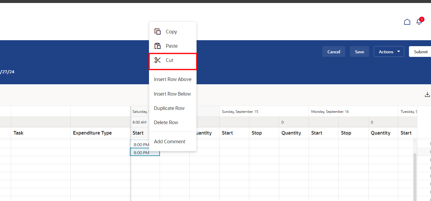 Cut is not working in Redwood OTL time card — Cloud Customer Connect