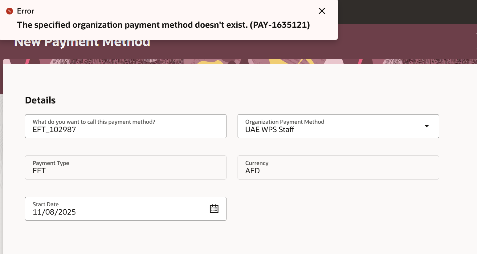 Error "Org Payment Method doesnt exists" while adding personal payment ...