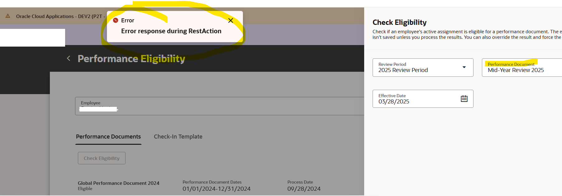 Performance Eligibility Page - REST Error — Cloud Customer Connect