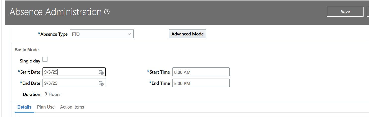 Absence Duration showing start and end time when hierarchy set to ...