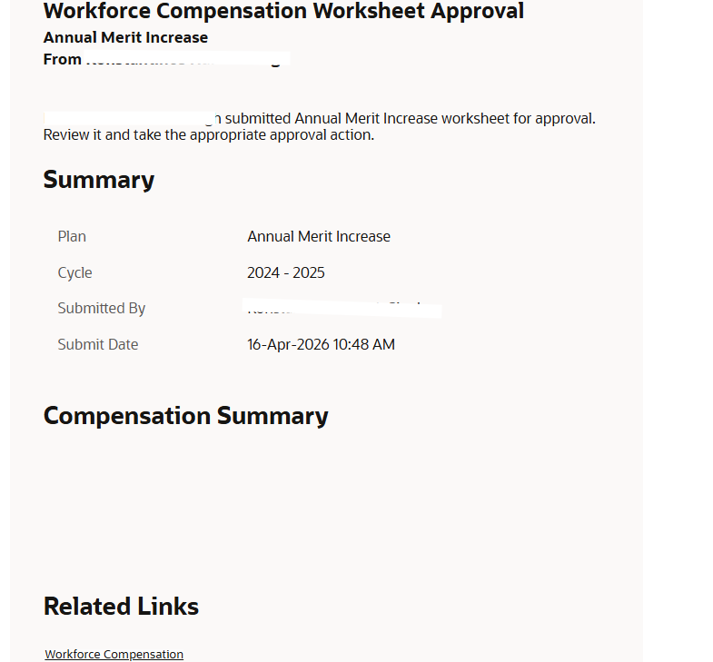 Summary section in compensation worksheet approval Notification isn't ...