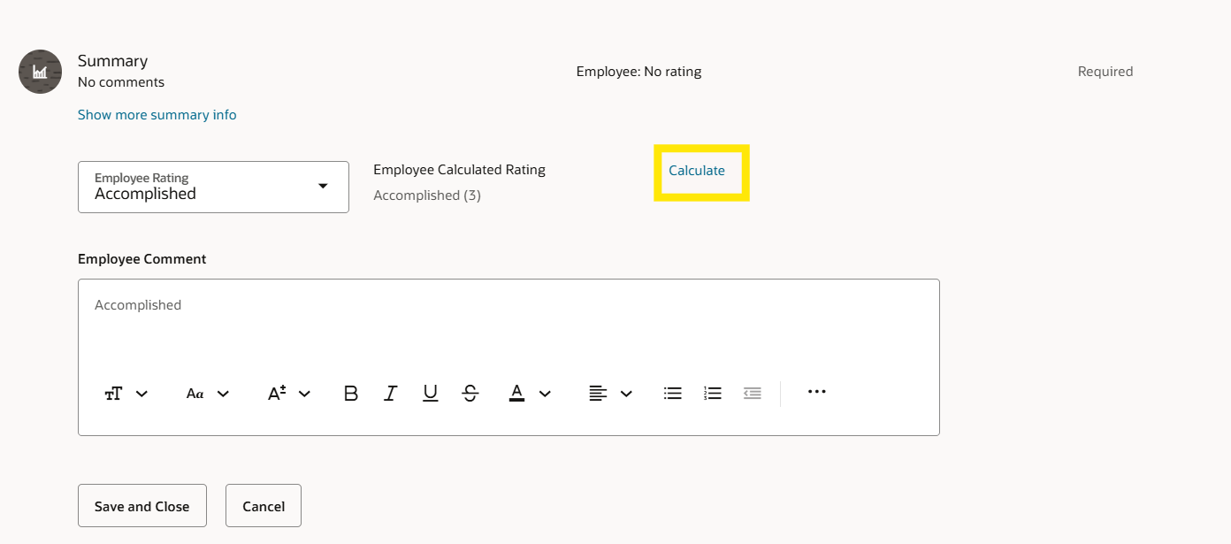What does 'calculate' do in Performance document — Cloud Customer Connect