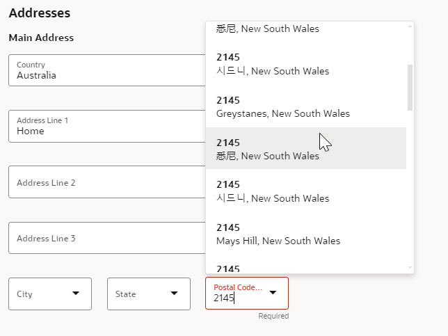 Postal Code field is listing values in multiple languages - Redwood ...