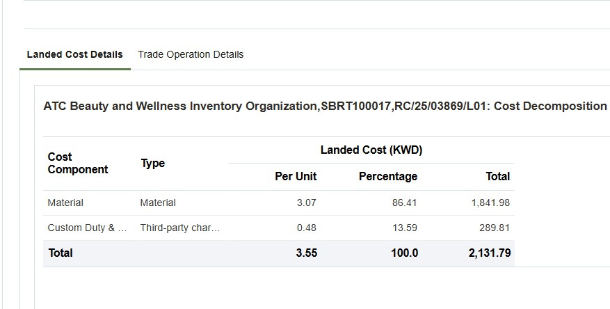 SQL/Table Details for Landed Cost Components — Cloud Customer Connect