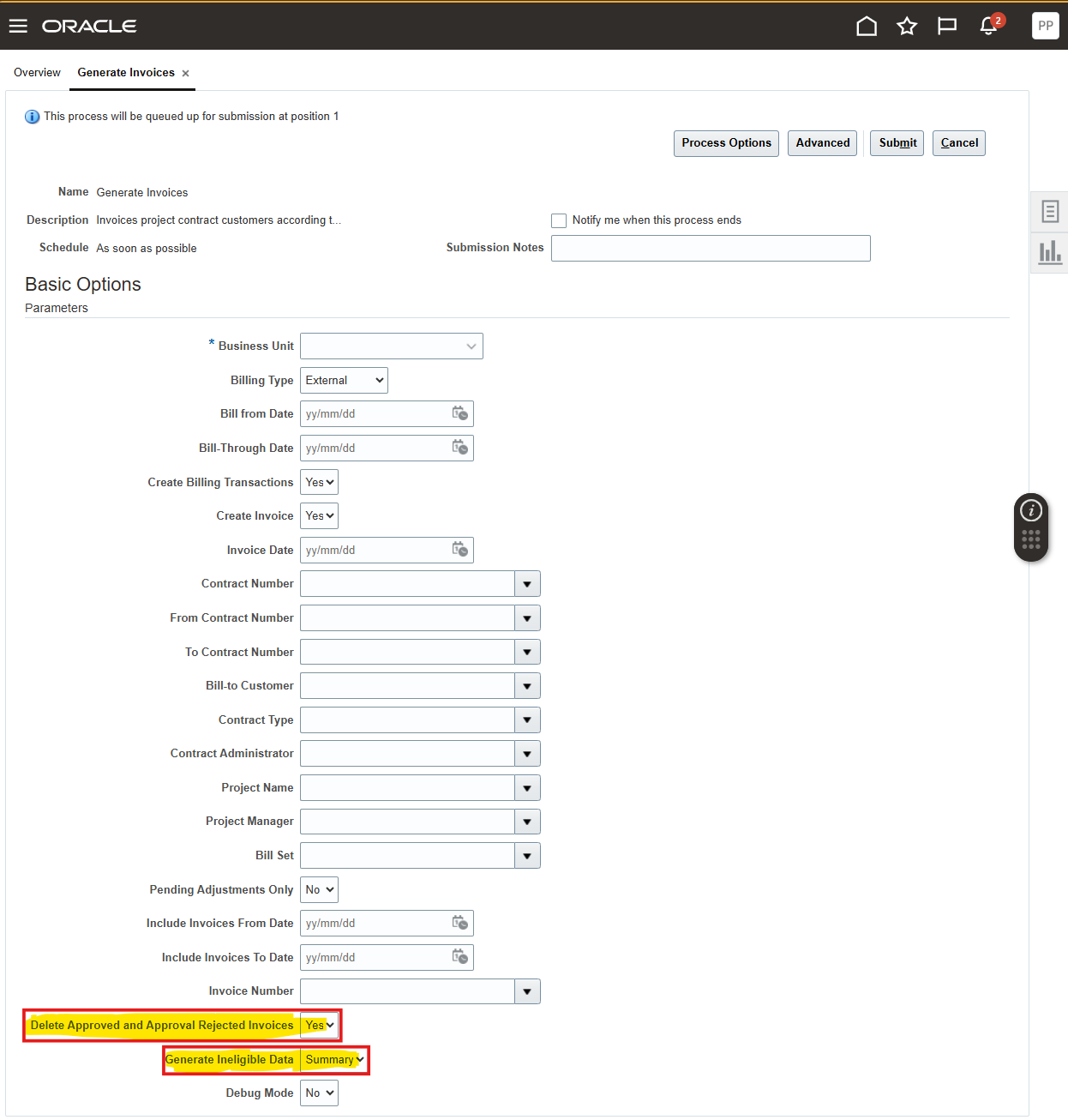 Regarding parameters in "Generate Invoices" — Cloud Customer Connect
