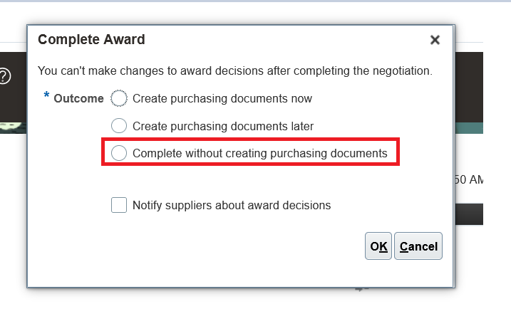 How to hide or disable "Complete without creating purchasing documents
