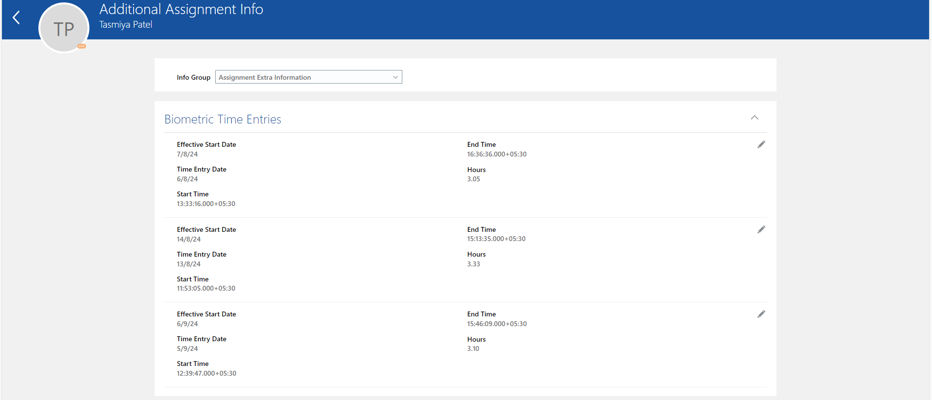 Need Bio Metric data stored on Additional assignment information page ...
