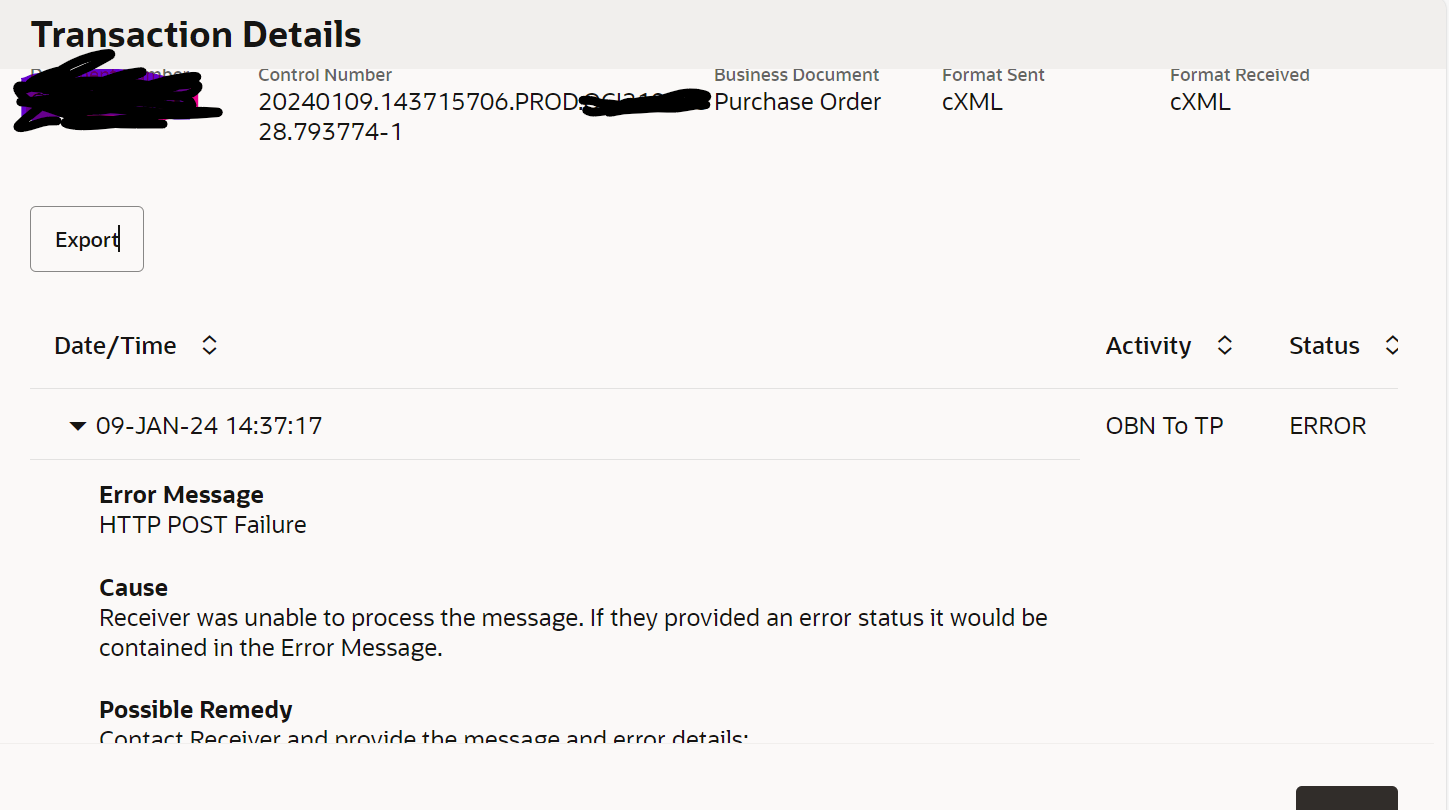 Oracle Business Network has recorded a failed HTTP Post for the ...