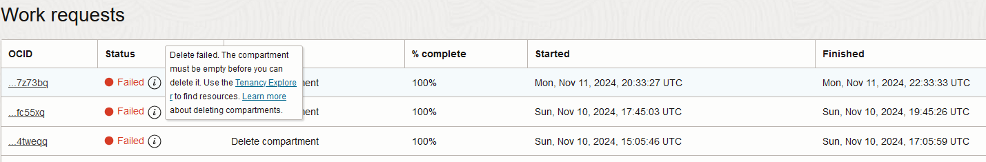 Unable to delete compartment — Cloud Customer Connect