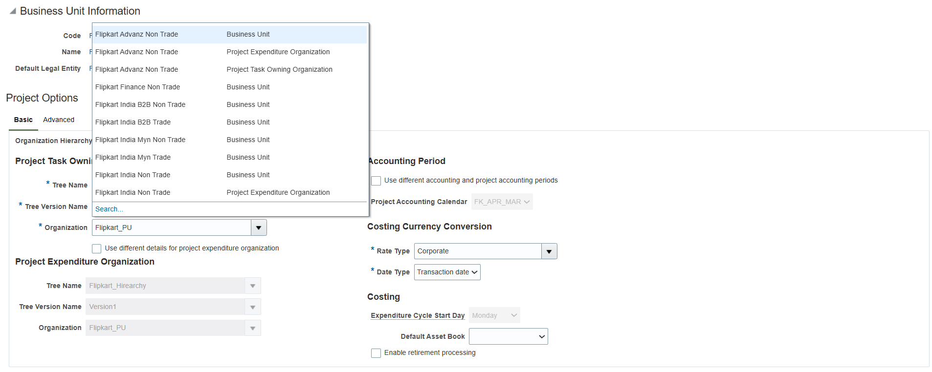 BU's not available in Project unit options — Cloud Customer Connect