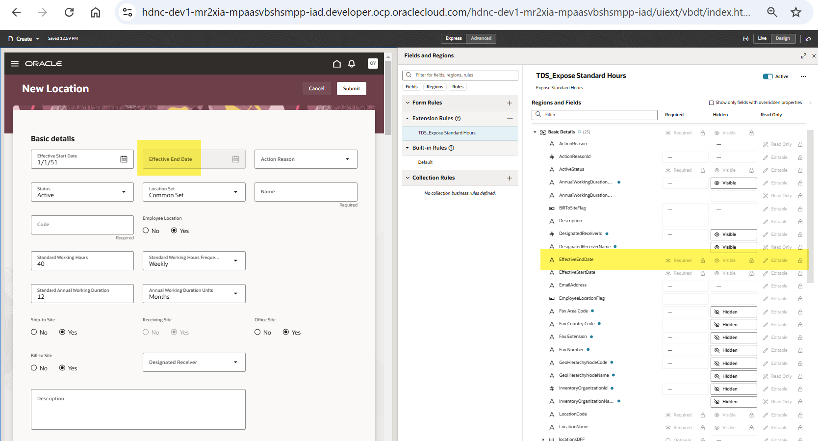 Redwood Location page the business rule on Effective end date field ...