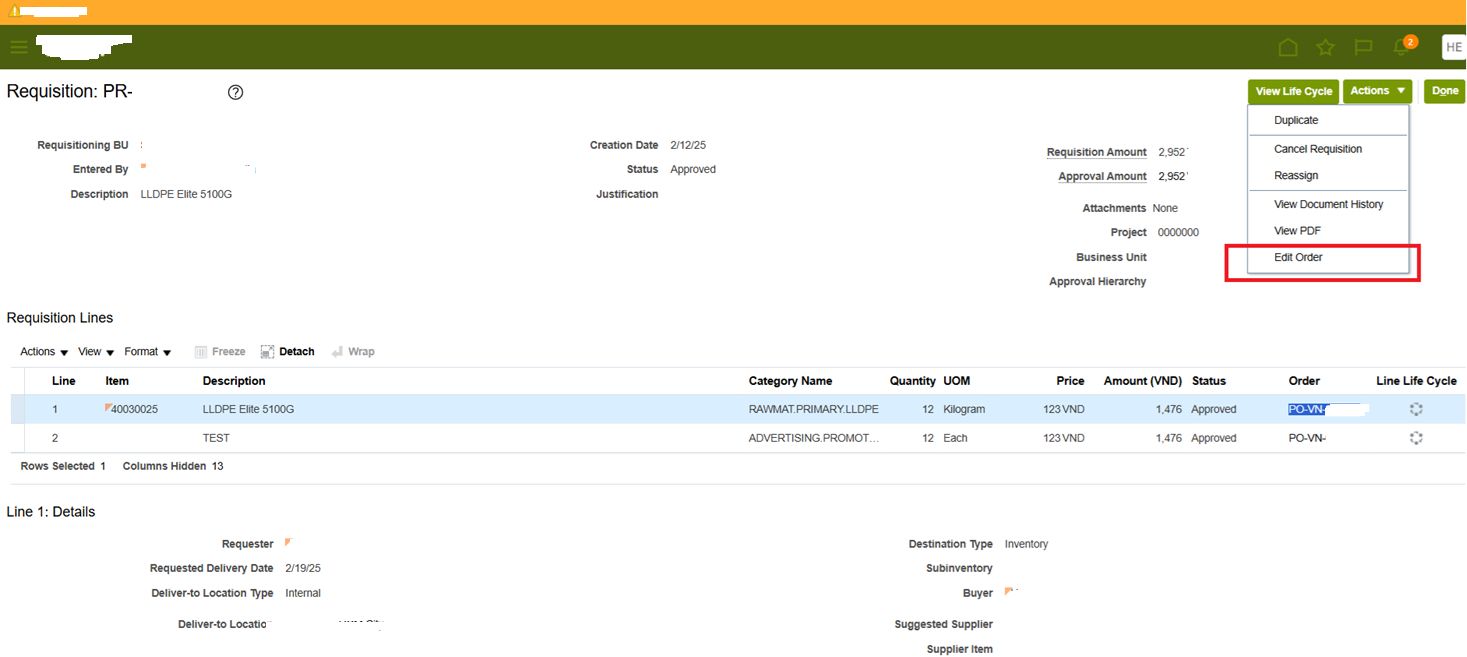 Requisition (PR) action edit order permission restriction — Cloud ...