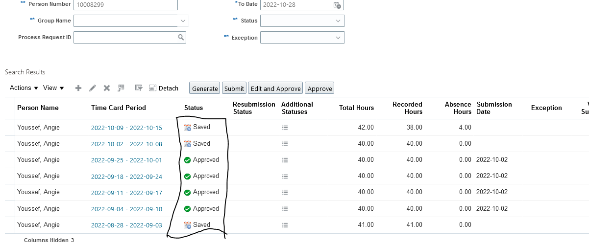 Timetable Account Database Status need sample query with time card submission status — Cloud Customer Connect