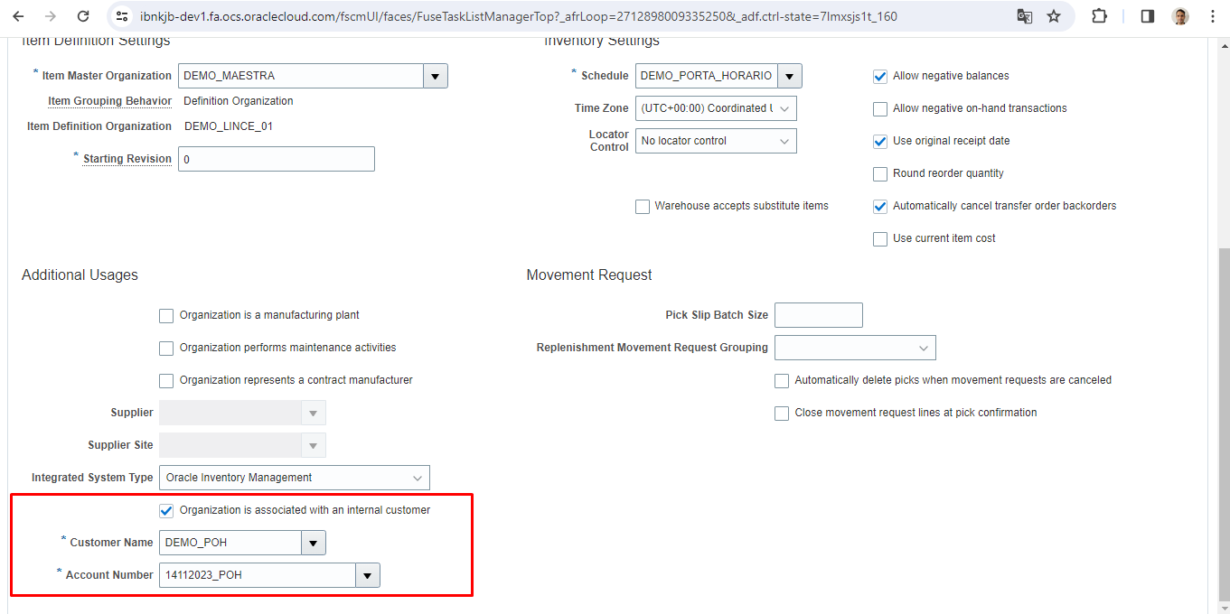 Inventory organization with associated customer — Cloud Customer Connect
