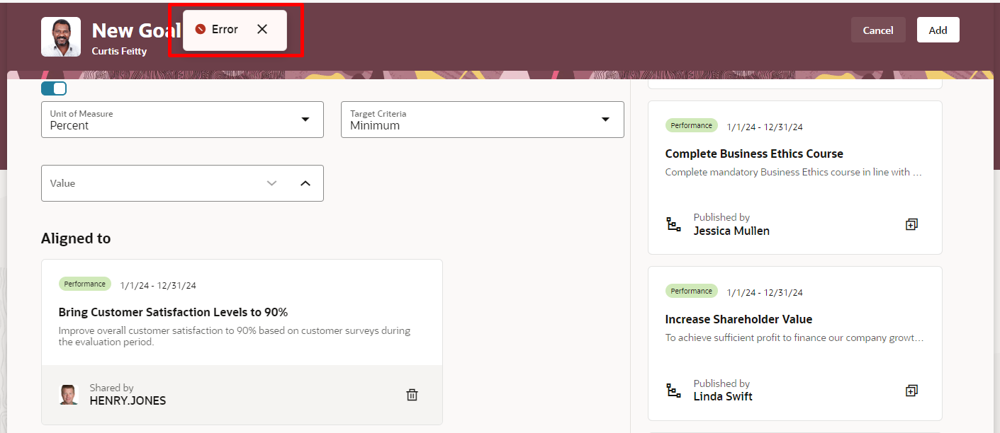 Error while adding suggested goal — Cloud Customer Connect