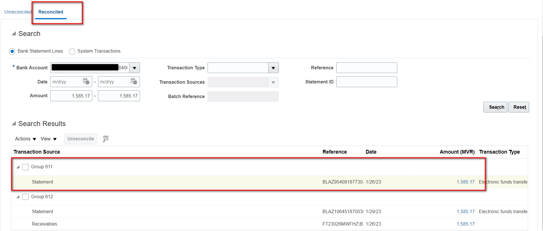 Bank statement line reconciled without a system transaction — Cloud