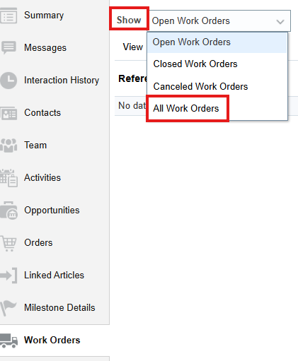 Show default to All Work Orders — Cloud Customer Connect