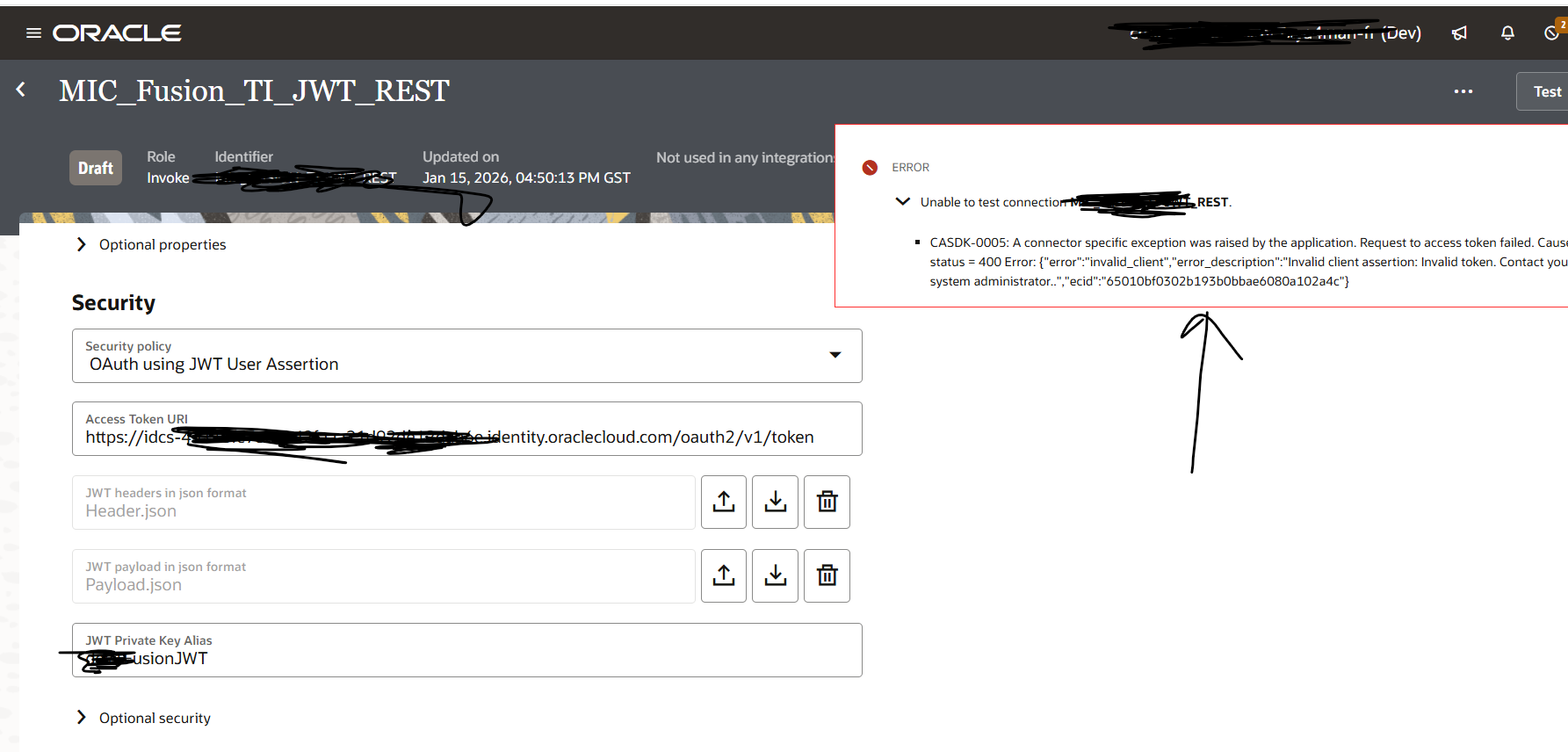 OAuth JWT user assertion in REST connection throwing invalid client ...