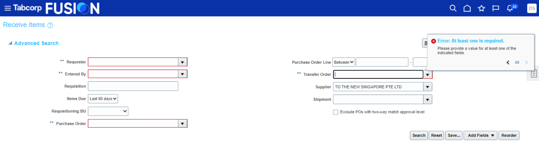 Mandatory Fields in Advanced Search of My Receipts — Cloud Customer Connect