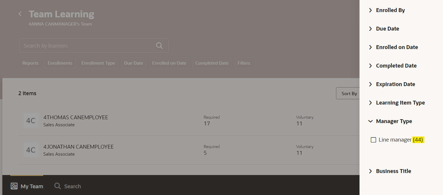 How does the Manager Type filter work in Redwood My Team > Learning ...
