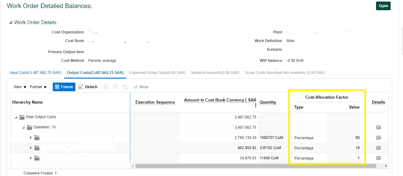 Review work order cost View Detailed balance UI Need table for Cost