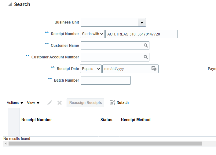 Unable to search for Receipt Numbers in Oracle — Cloud Customer Connect
