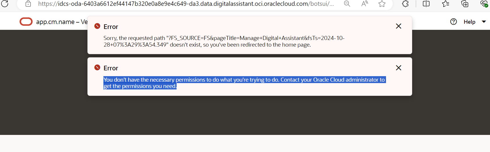 Not able to access ODA development instance — Cloud Customer Connect