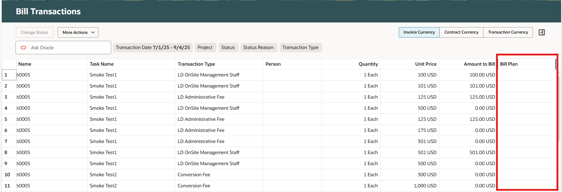 Bill Plan column value showing blank in the Bill Transactions UI ...
