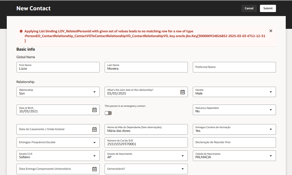 Error when trying to add family and emergency contacts to the journey ...