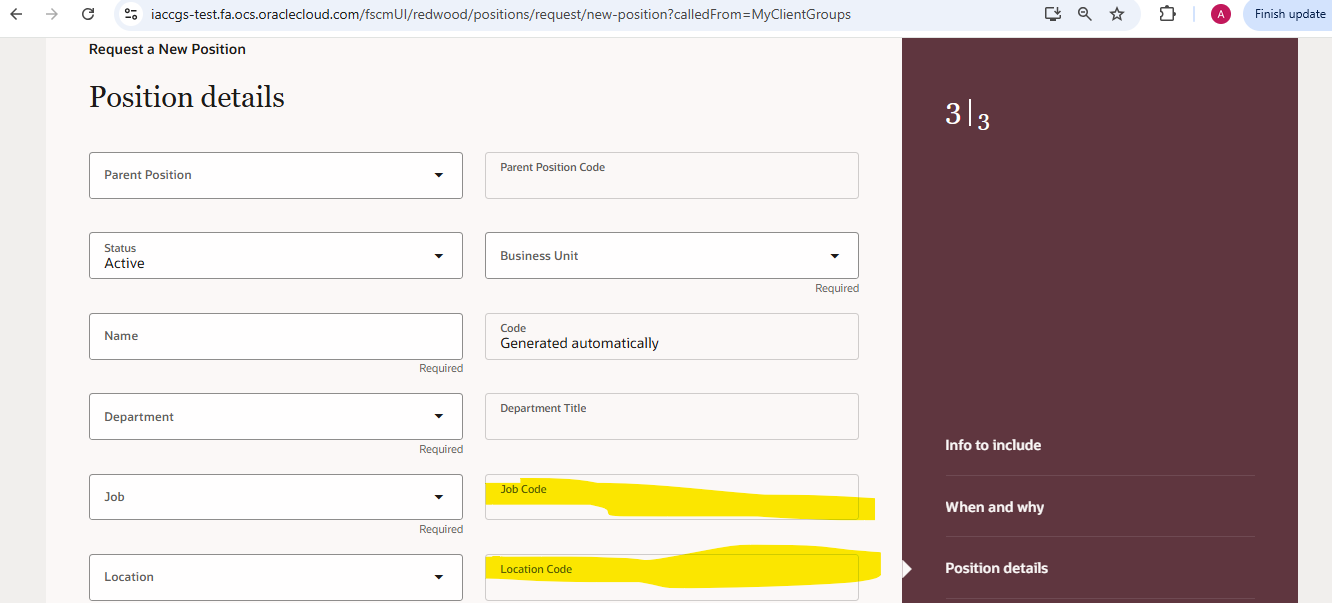Location Code, job code fields visible in Request a New Position ...