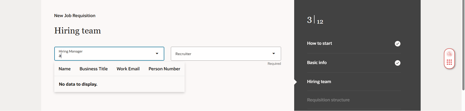 Create Job Requisition ORC Redwood Page - Hiring team Section - Hiring ...