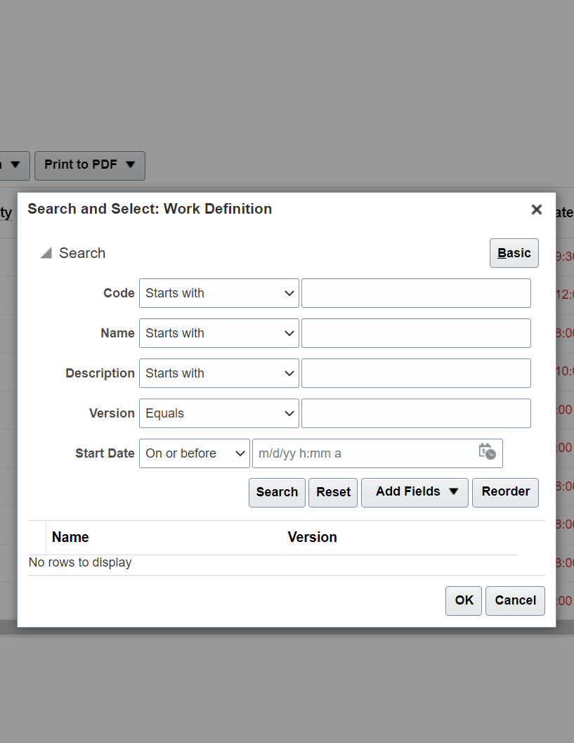 Can search for work order by work definition parameter default to ...