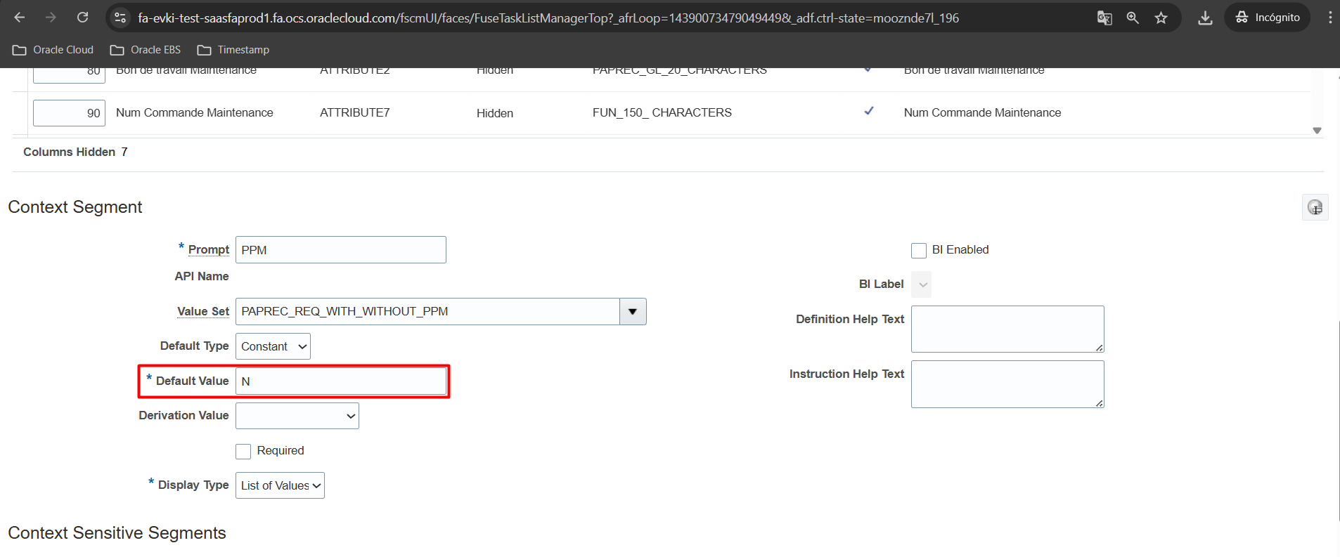 Default value for context segment only works for the catalog lines in ...