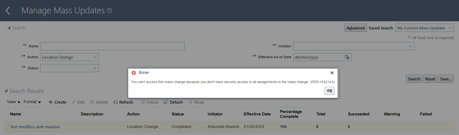 Manage Mass updates error — Cloud Customer Connect
