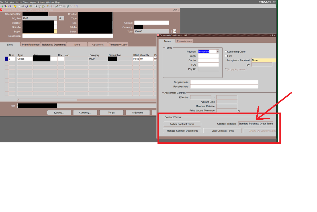 how to get the contract terms that is applied to a PO in a sql query ...